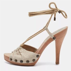 Stella McCartney Womens Shoes  Size 6.5 Beige Fabric Wooden Ankle Wrap Heel